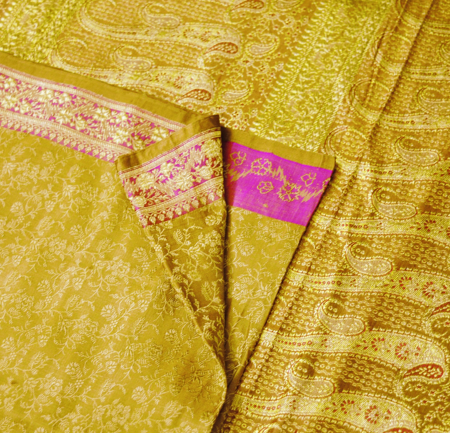 Indian Vintage Sari Saffron Heavy Wedding Pure Satin Silk Woven Banarasi Brocade Saree Golden Zari 5Yd