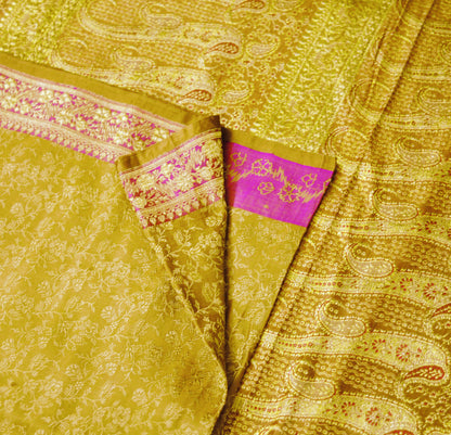 Indian Vintage Sari Saffron Heavy Wedding Pure Satin Silk Woven Banarasi Brocade Saree Golden Zari 5Yd