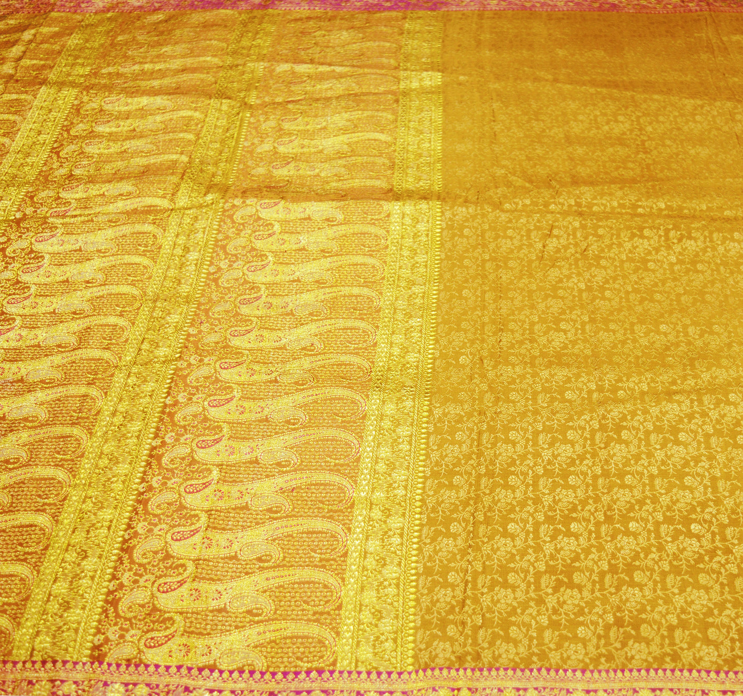 Indian Vintage Sari Saffron Heavy Wedding Pure Satin Silk Woven Banarasi Brocade Saree Golden Zari 5Yd