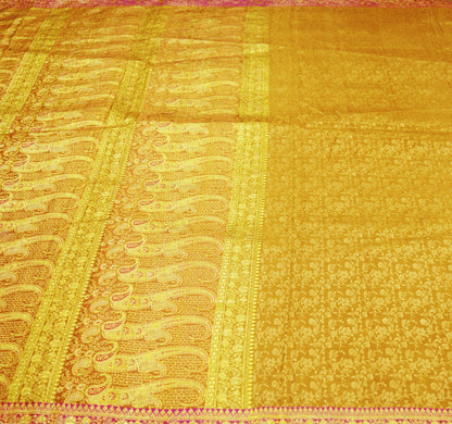 Indian Vintage Sari Saffron Heavy Wedding Pure Satin Silk Woven Banarasi Brocade Saree Golden Zari 5Yd