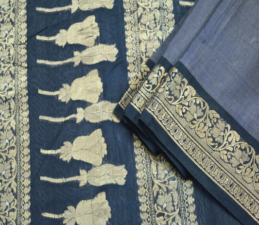 Indian Vintage Saree Gray & Blue Hand Woven Pure Silk Indian Sari Fabric 5Yard Silk Sari Ethnic Floral Golden Zari