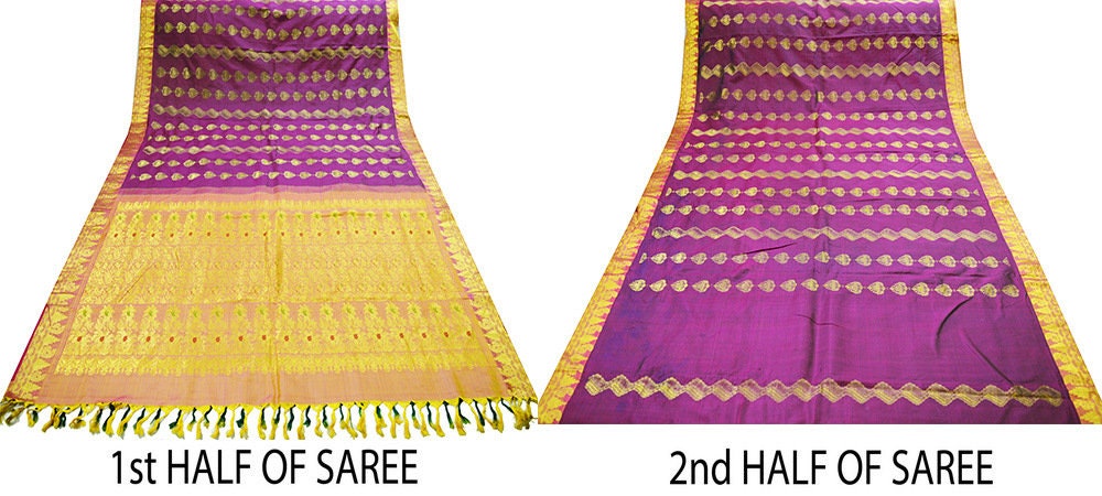 Indian Vintage Heavy Saree Purple & Saffron Hand Woven Kanjivaram 100% Pure Silk Indian Sari Fabric 5Yard Ethnic Zari Floral