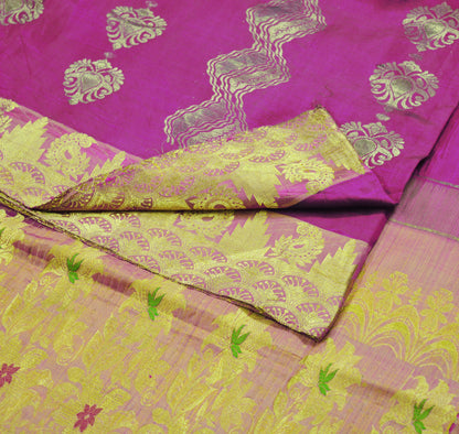 Indian Vintage Heavy Saree Purple & Saffron Hand Woven Kanjivaram 100% Pure Silk Indian Sari Fabric 5Yard Ethnic Zari Floral