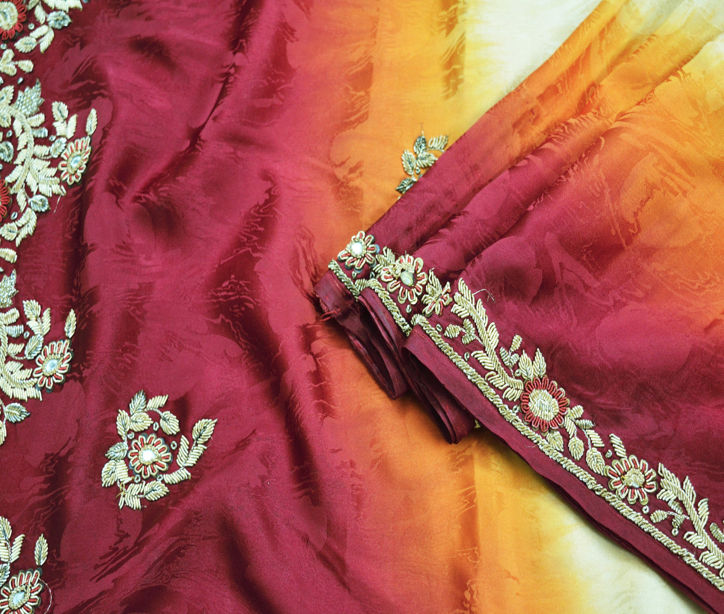 Indian Vintage Maroon & Beige Saree Pure Crepe Silk Hand Embroidered Indian Sari Fabric 5Yd Sewing Soft Golden Zardozi/Dabka