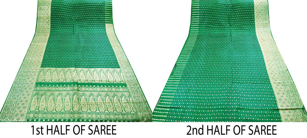 Indian Vintage Sari Bottle Green Heavy Wedding Pure Satin Silk Woven Banarasi Brocade Saree Zari 5Yard