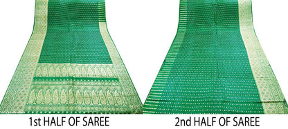 Indian Vintage Sari Bottle Green Heavy Wedding Pure Satin Silk Woven Banarasi Brocade Saree Zari 5Yard