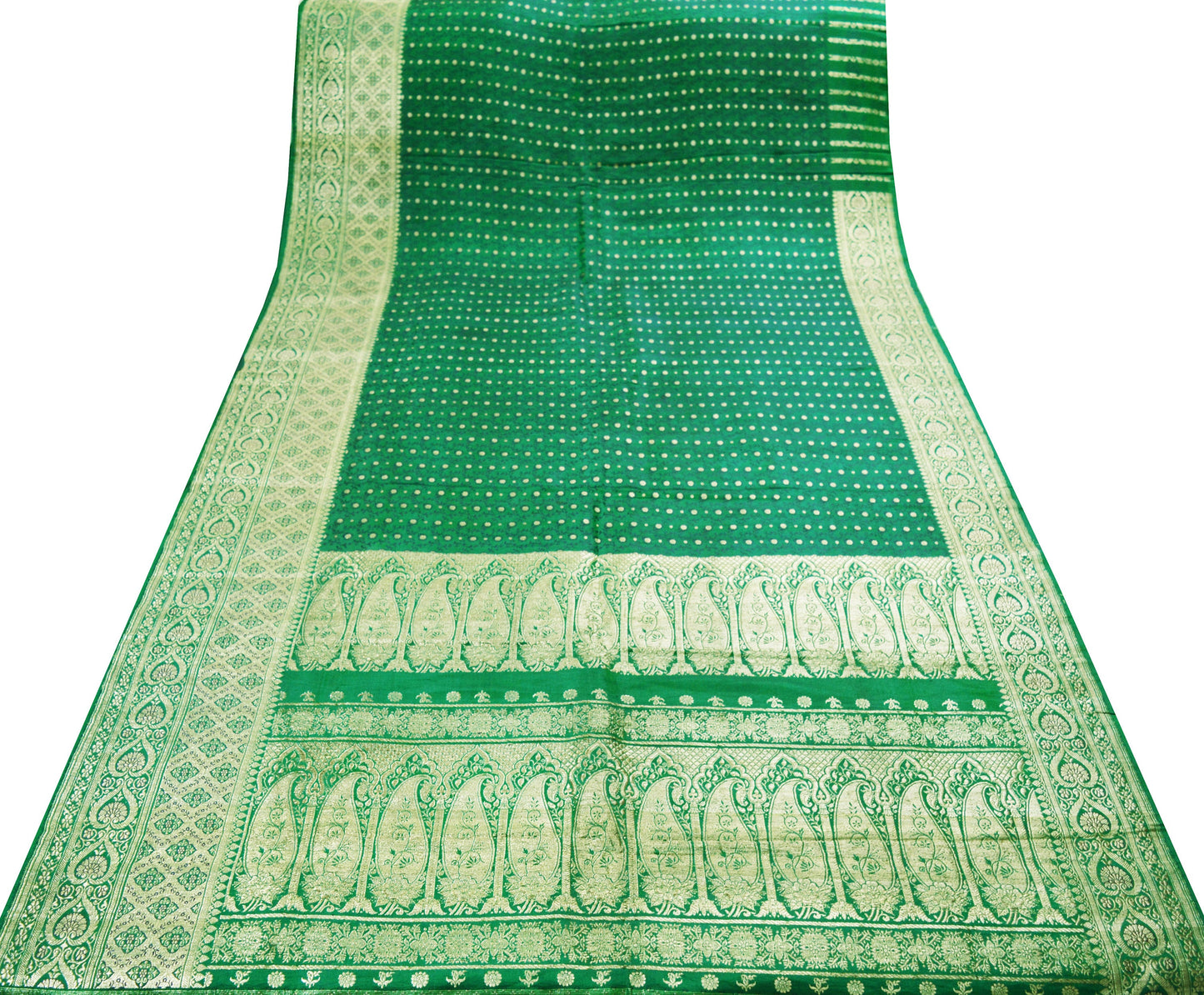 Indian Vintage Sari Bottle Green Heavy Wedding Pure Satin Silk Woven Banarasi Brocade Saree Zari 5Yard