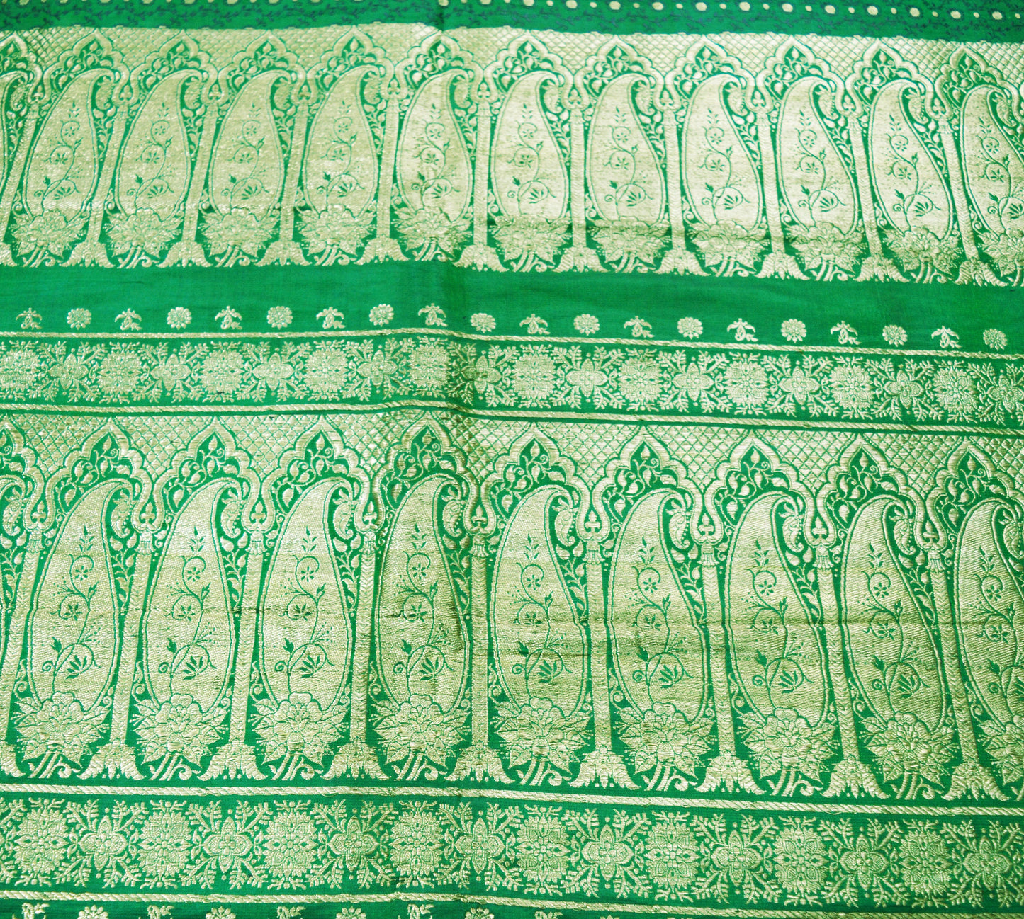 Indian Vintage Sari Bottle Green Heavy Wedding Pure Satin Silk Woven Banarasi Brocade Saree Zari 5Yard