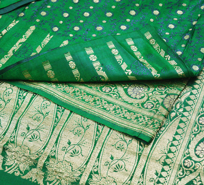 Indian Vintage Sari Bottle Green Heavy Wedding Pure Satin Silk Woven Banarasi Brocade Saree Zari 5Yard