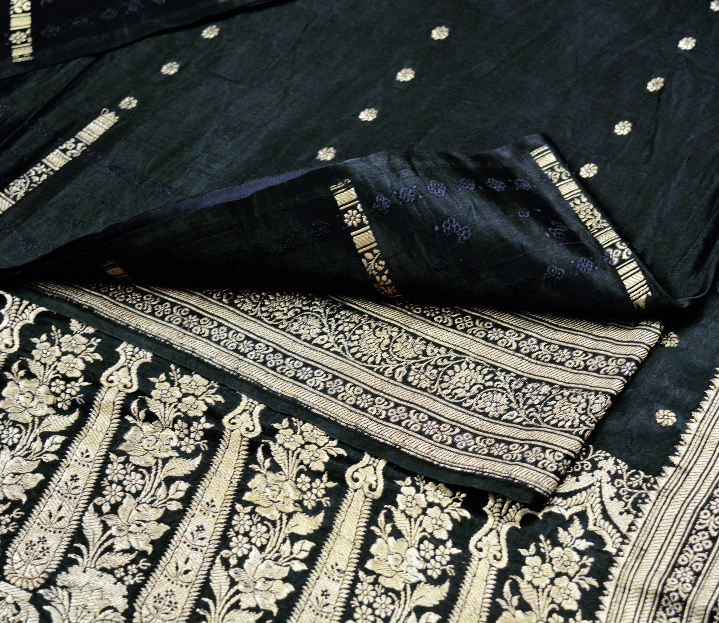 Indian Vintage Sari Heavy Black Pure Satin Silk Banarasi Brocade Saree 5Yard Silver Zari Floral