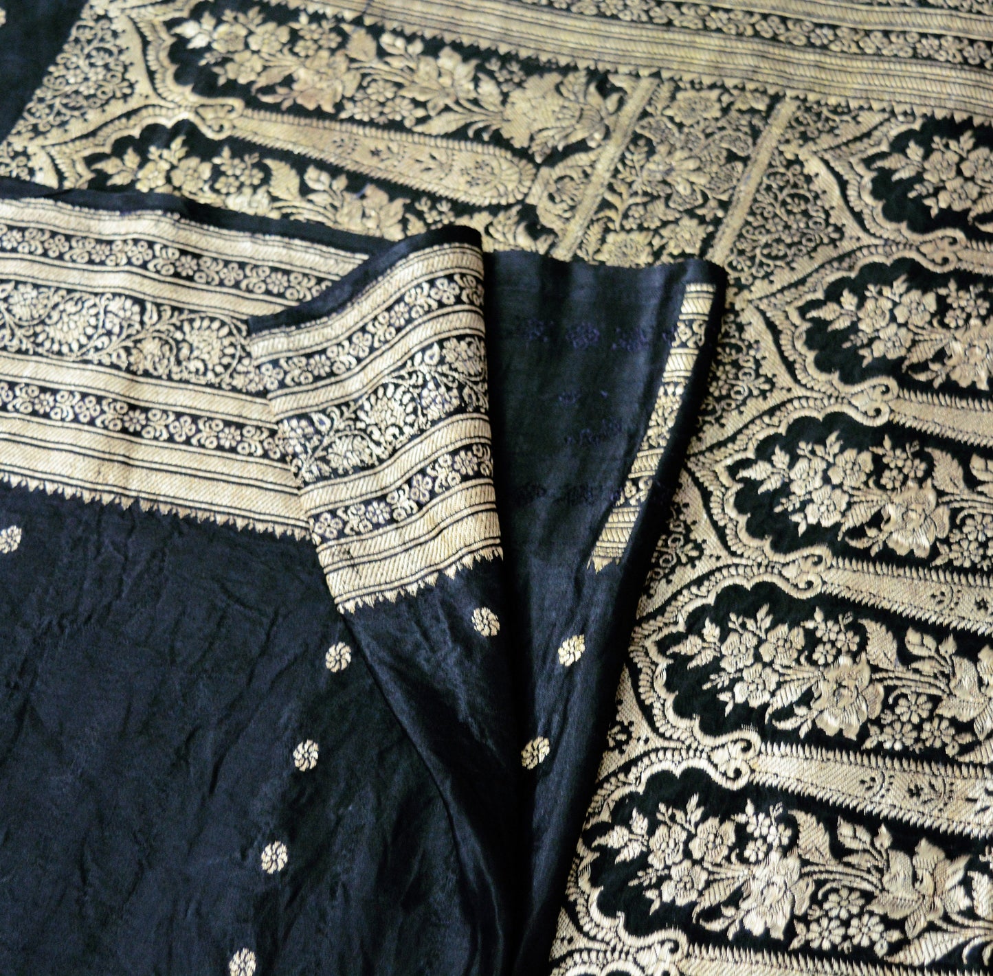 Indian Vintage Sari Heavy Black Pure Satin Silk Banarasi Brocade Saree 5Yard Silver Zari Floral