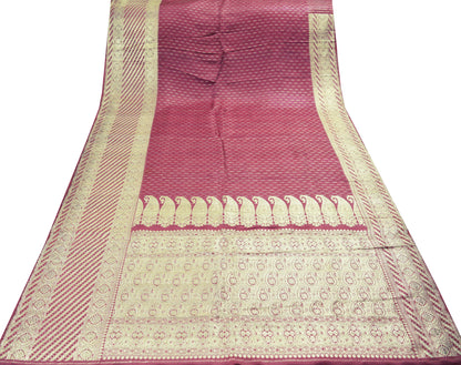 Indian Vintage Sari Pink Heavy Wedding Pure Satin Silk  Woven Banarasi Brocade Saree Golden Zari 5Yard