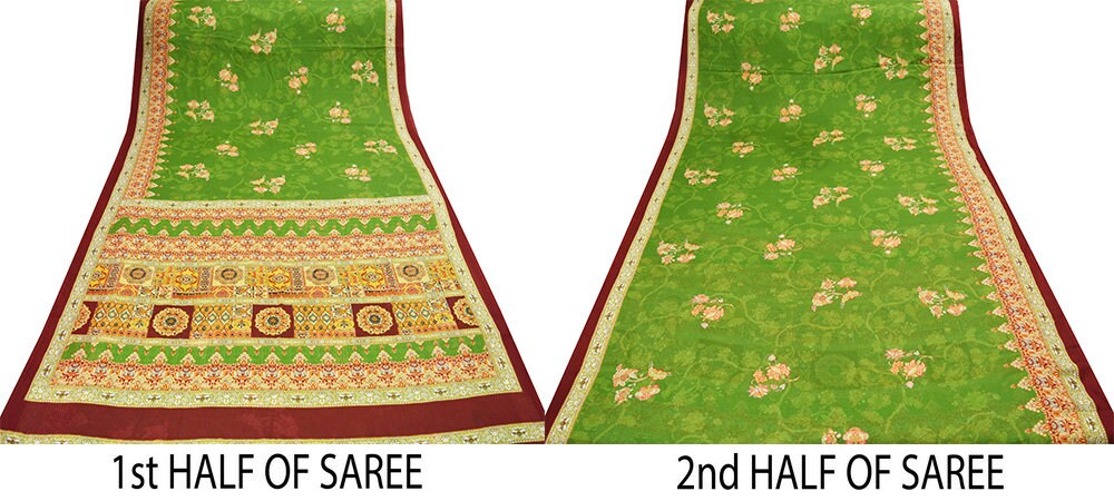 Vintage Sari Green Georgette  Digital Printed Saree Sewing 6yard Craft Soft Crafting Dress Making