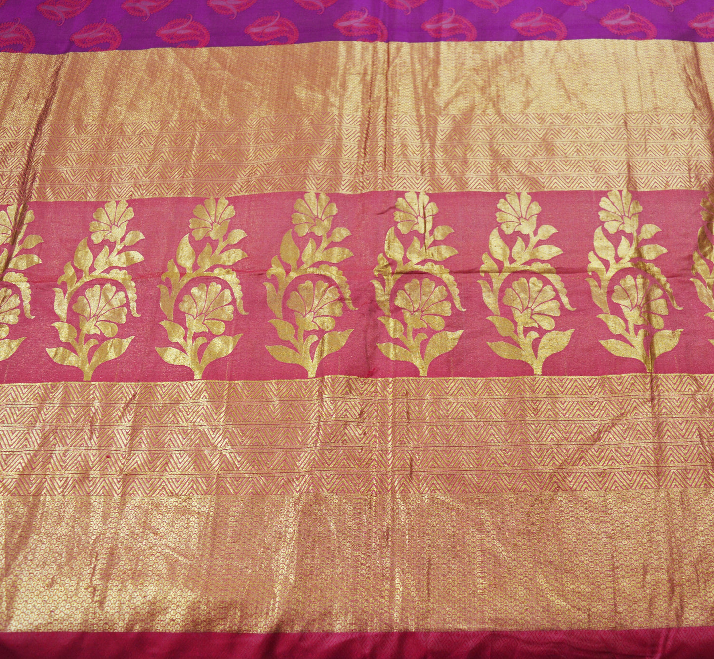 Indian Vintage Purple & Pink Heavy Saree Hand Woven Kanjivaram Pure Silk Indian Sari Fabric 5Yard Ethnic Zari Paisley Fringes