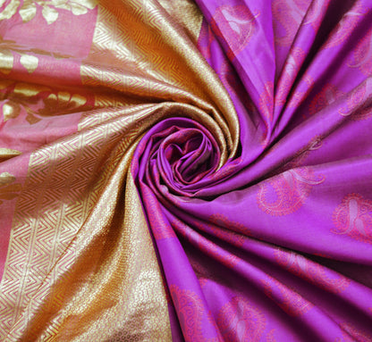 Indian Vintage Purple & Pink Heavy Saree Hand Woven Kanjivaram Pure Silk Indian Sari Fabric 5Yard Ethnic Zari Paisley Fringes