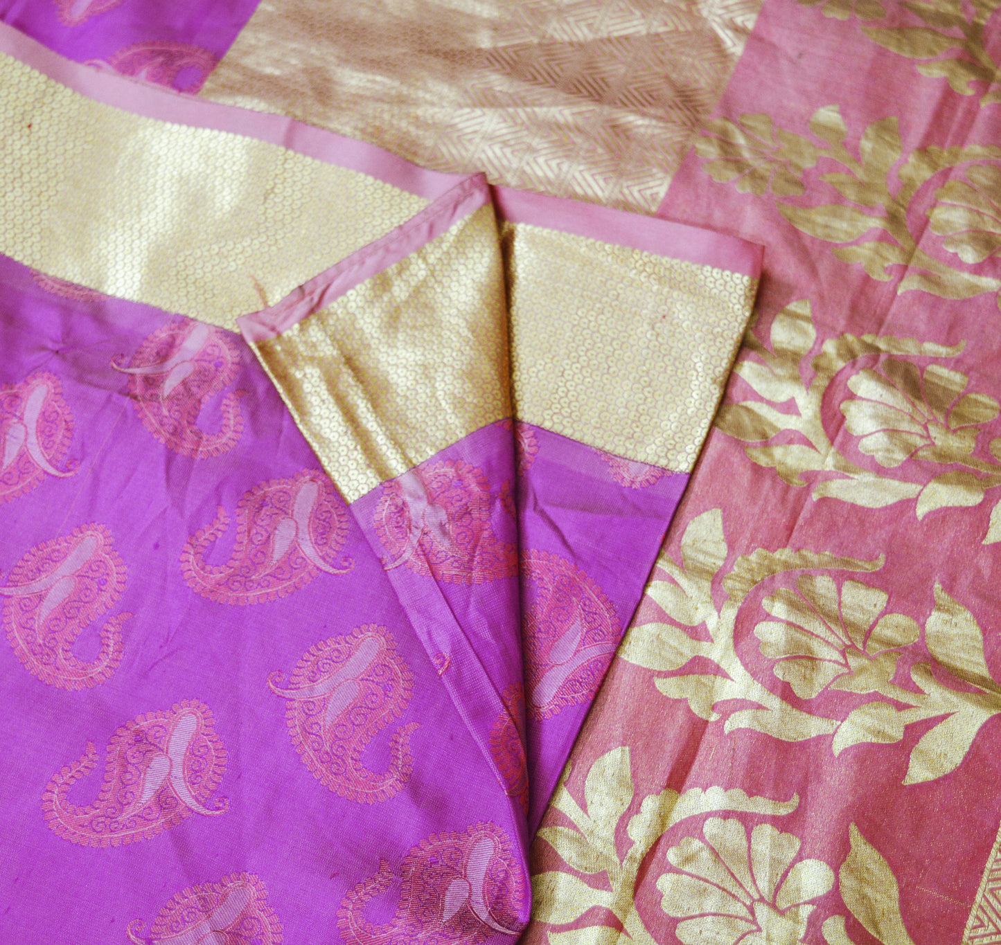 Indian Vintage Purple & Pink Heavy Saree Hand Woven Kanjivaram Pure Silk Indian Sari Fabric 5Yard Ethnic Zari Paisley Fringes