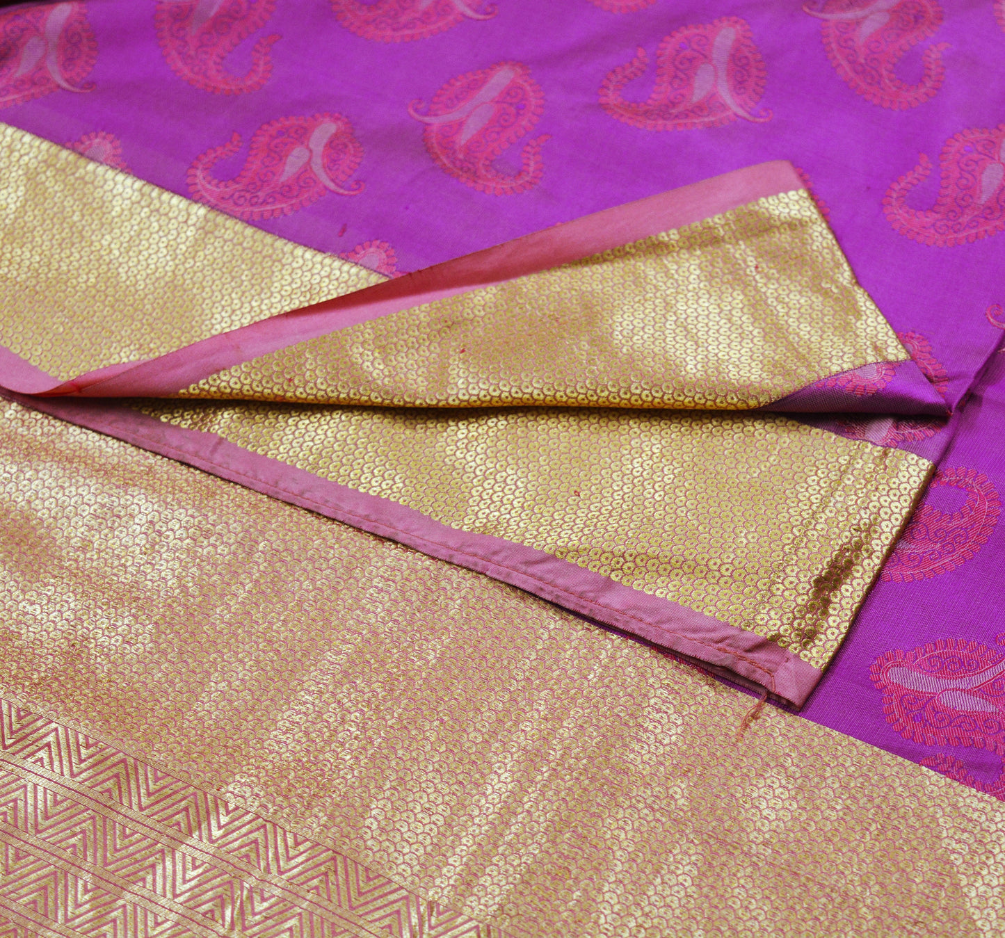 Indian Vintage Purple & Pink Heavy Saree Hand Woven Kanjivaram Pure Silk Indian Sari Fabric 5Yard Ethnic Zari Paisley Fringes