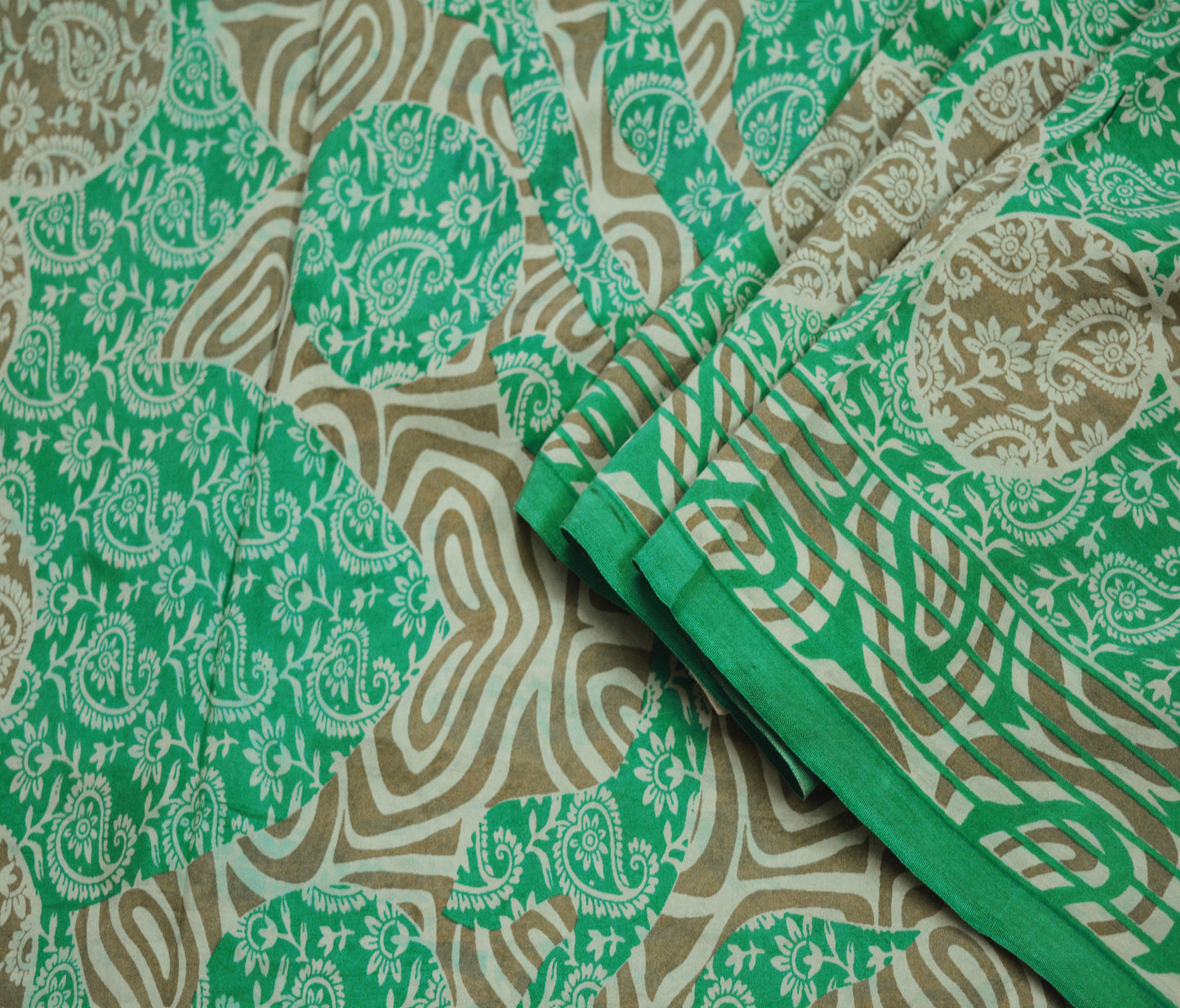 Indian Vintage Sari Green & Brown Pure Silk Printed Saree Fabric 5yard Sewing Paisley Craft Fabric DressMaking Soft