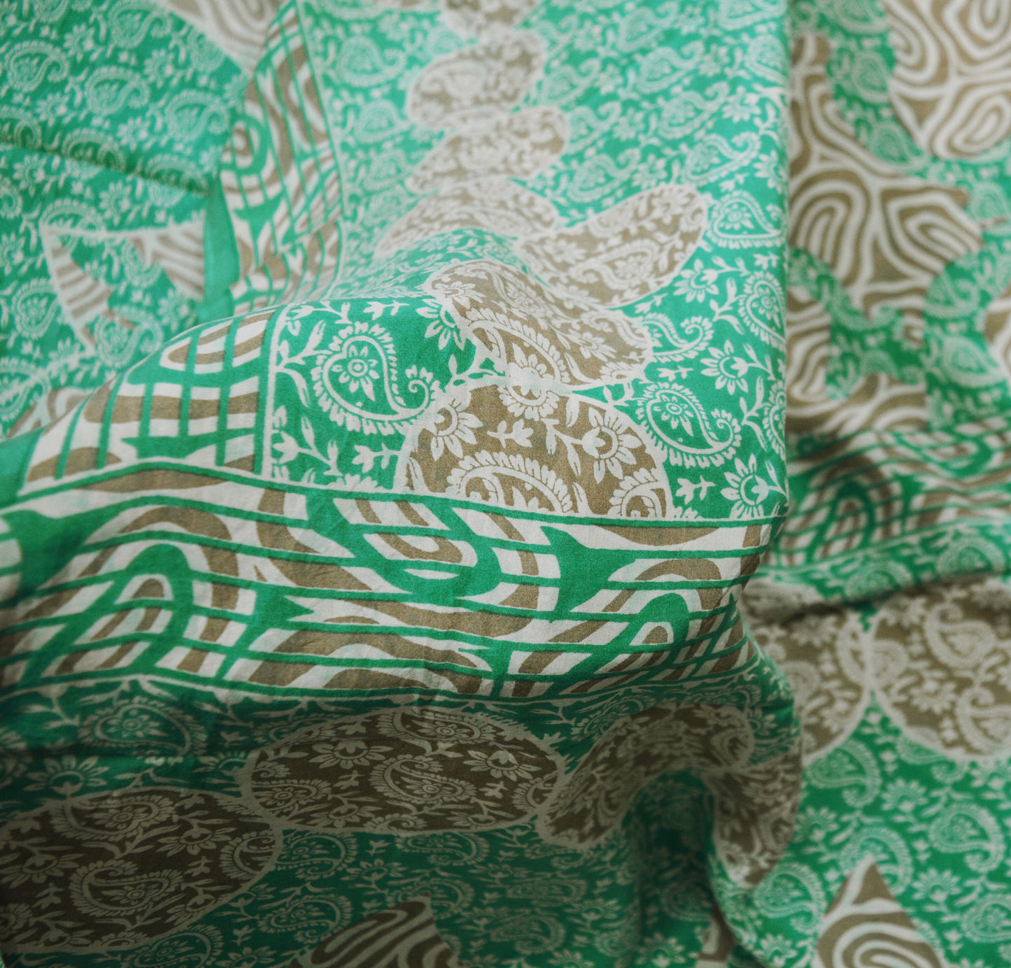 Indian Vintage Sari Green & Brown Pure Silk Printed Saree Fabric 5yard Sewing Paisley Craft Fabric DressMaking Soft