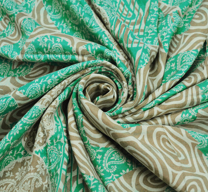 Indian Vintage Sari Green & Brown Pure Silk Printed Saree Fabric 5yard Sewing Paisley Craft Fabric DressMaking Soft