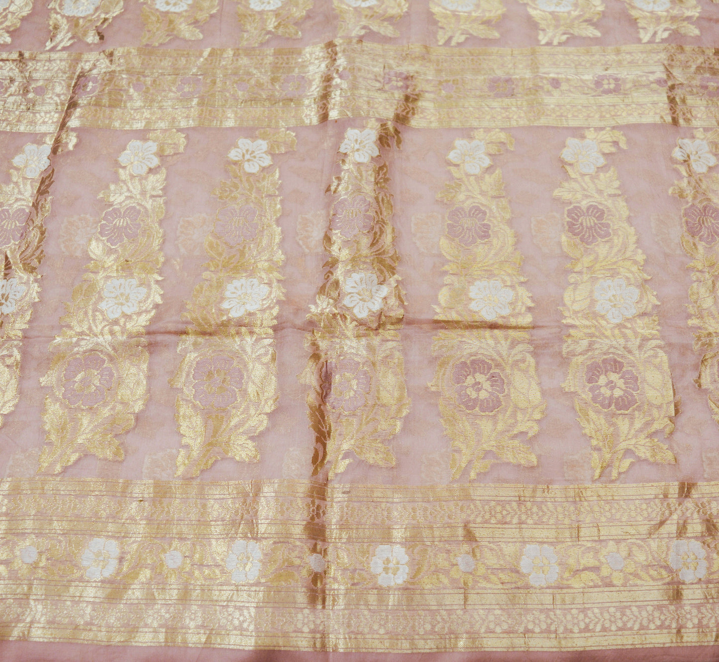 Indian Vintage Sari Pink Heavy Wedding Pure Organza Silk Woven Banarasi Brocade Saree  Zari 5Yard