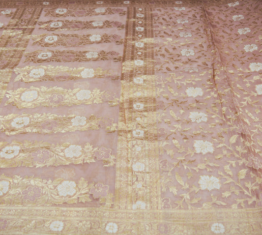 Indian Vintage Sari Pink Heavy Wedding Pure Organza Silk Woven Banarasi Brocade Saree  Zari 5Yard