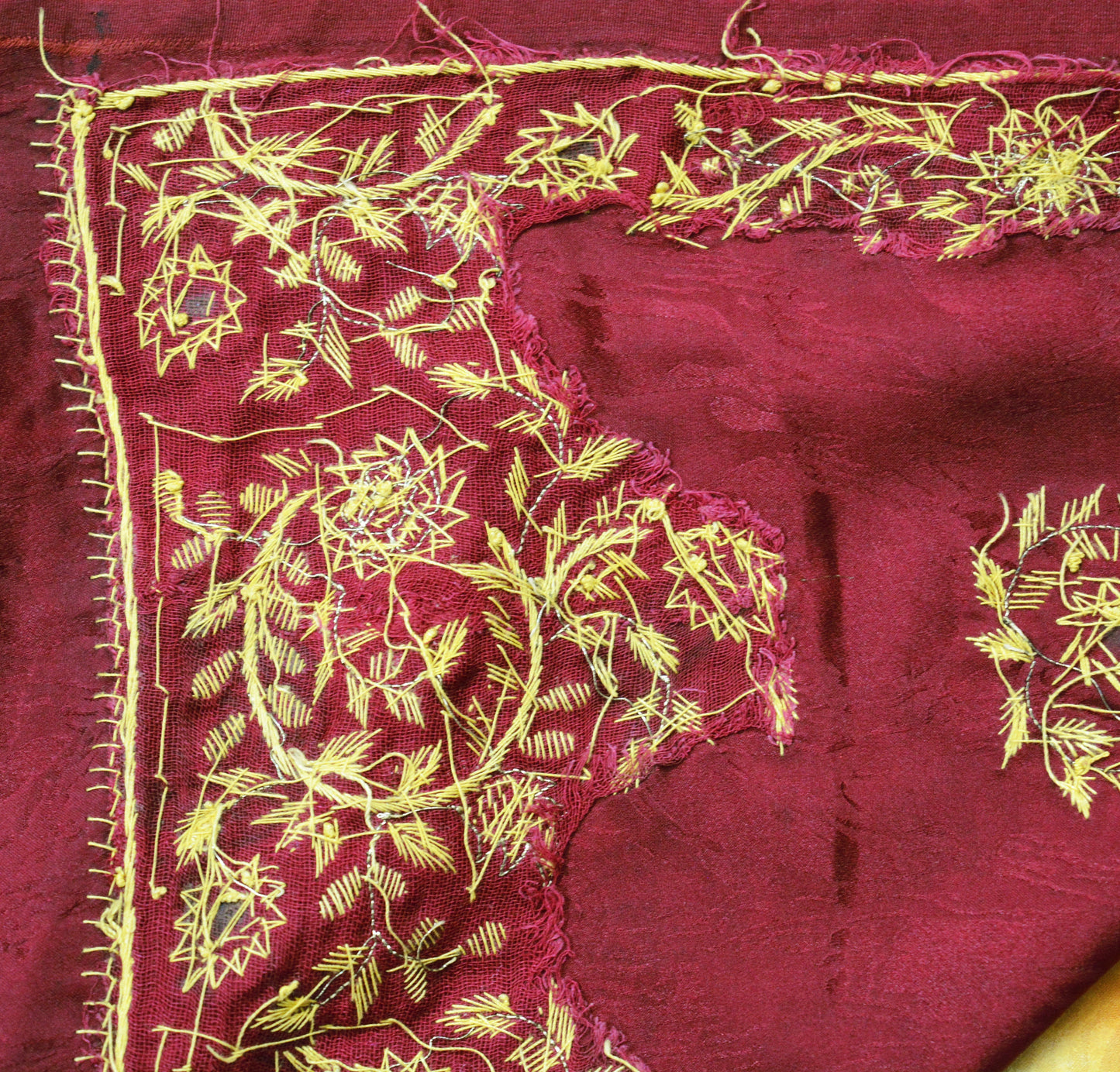 Indian Vintage Maroon & Beige Saree Pure Crepe Silk Hand Embroidered Indian Sari Fabric 5Yd Sewing Soft Golden Zardozi/Dabka