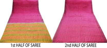 Indian Vintage Sari Pink Block Printed Sari Pure chanderi Silk Saree Fabric 5Yard Floral Soft Golden Zari