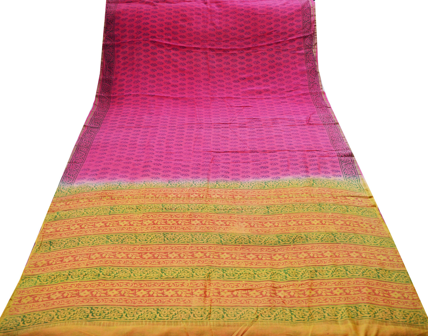 Indian Vintage Sari Pink Block Printed Sari Pure chanderi Silk Saree Fabric 5Yard Floral Soft Golden Zari