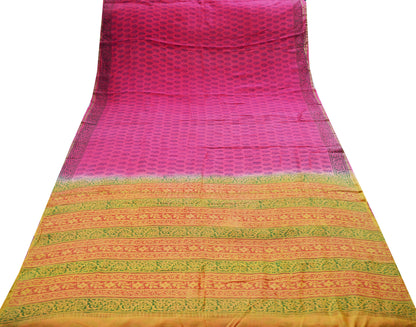 Indian Vintage Sari Pink Block Printed Sari Pure chanderi Silk Saree Fabric 5Yard Floral Soft Golden Zari