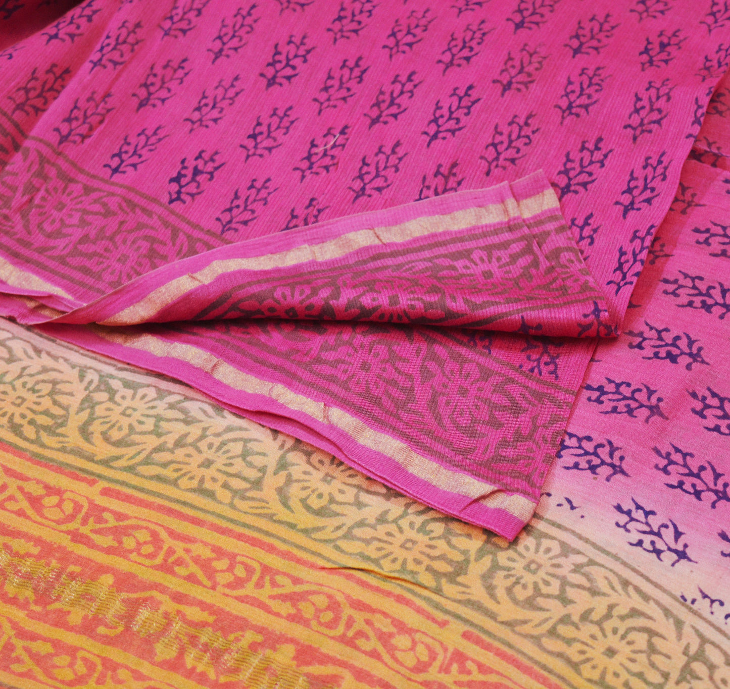 Indian Vintage Sari Pink Block Printed Sari Pure chanderi Silk Saree Fabric 5Yard Floral Soft Golden Zari