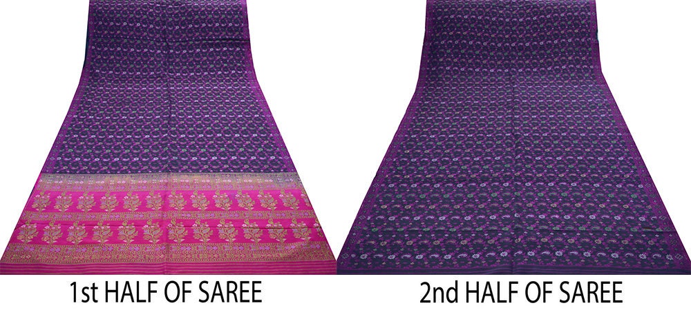 Indian Vintage Pink & Blue Saree Pure Silk Hand Woven Indian Sari Fabric 5Yard Sewing Soft Ethnic Floral Design Crafting