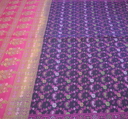 Indian Vintage Pink & Blue Saree Pure Silk Hand Woven Indian Sari Fabric 5Yard Sewing Soft Ethnic Floral Design Crafting