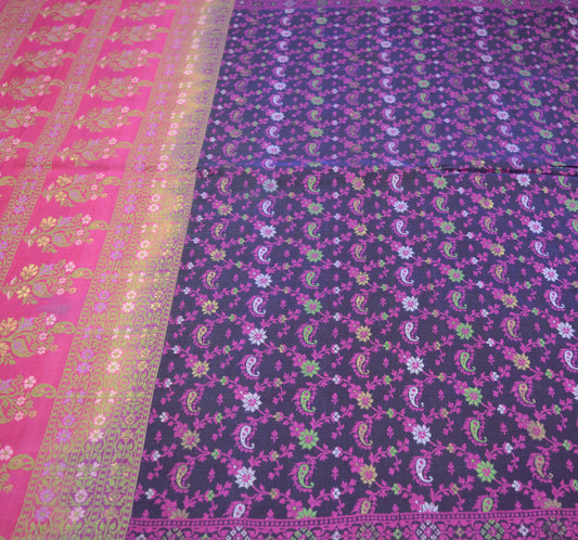 Indian Vintage Pink & Blue Saree Pure Silk Hand Woven Indian Sari Fabric 5Yard Sewing Soft Ethnic Floral Design Crafting