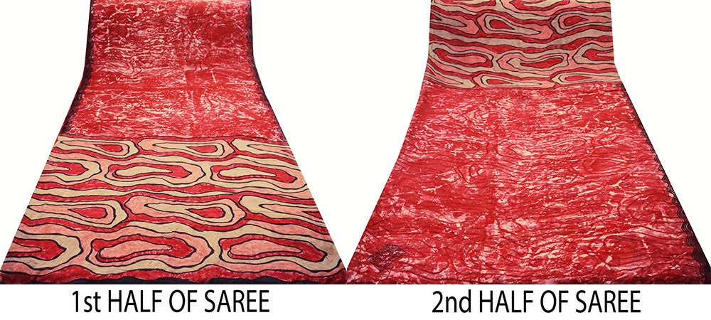 Women Vintage Sari Red Pure Georgette Silk Printed Saree Craft Fabric Sewing 5Yard Soft Light Dress Making Floral Abstract