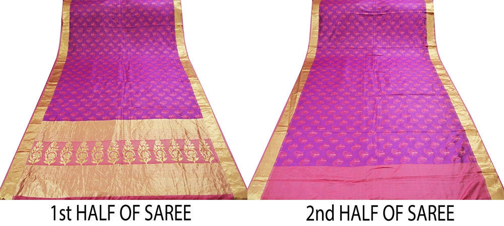 Indian Vintage Purple & Pink Heavy Saree Hand Woven Kanjivaram Pure Silk Indian Sari Fabric 5Yard Ethnic Zari Paisley Fringes