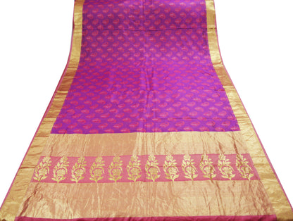 Indian Vintage Purple & Pink Heavy Saree Hand Woven Kanjivaram Pure Silk Indian Sari Fabric 5Yard Ethnic Zari Paisley Fringes