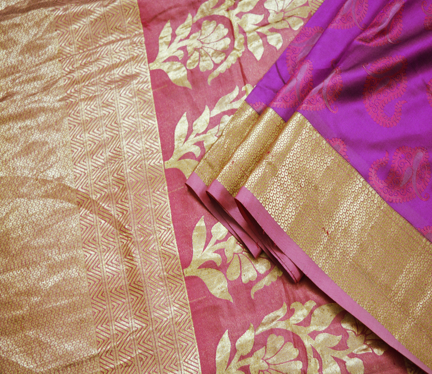 Indian Vintage Purple & Pink Heavy Saree Hand Woven Kanjivaram Pure Silk Indian Sari Fabric 5Yard Ethnic Zari Paisley Fringes