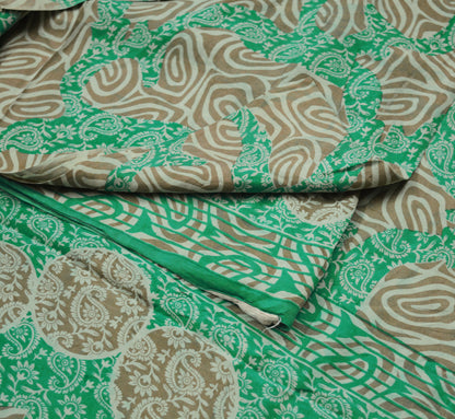 Indian Vintage Sari Green & Brown Pure Silk Printed Saree Fabric 5yard Sewing Paisley Craft Fabric DressMaking Soft