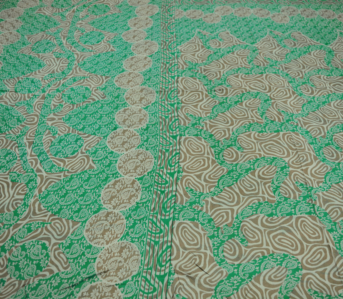 Indian Vintage Sari Green & Brown Pure Silk Printed Saree Fabric 5yard Sewing Paisley Craft Fabric DressMaking Soft