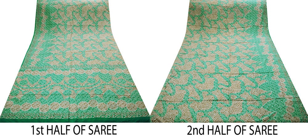 Indian Vintage Sari Green & Brown Pure Silk Printed Saree Fabric 5yard Sewing Paisley Craft Fabric DressMaking Soft