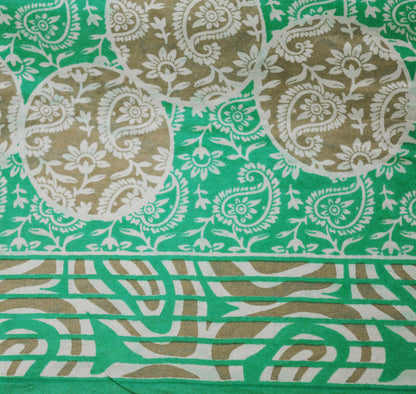 Indian Vintage Sari Green & Brown Pure Silk Printed Saree Fabric 5yard Sewing Paisley Craft Fabric DressMaking Soft