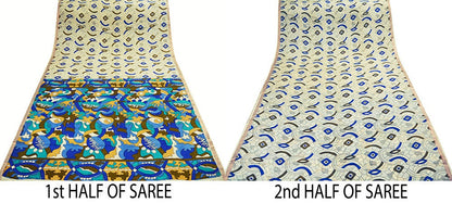 Indian Vintage Sari Ivory Pure Silk Printed Saree 5yard Sewing Craft Fabric DressMaking Soft Copper Zari