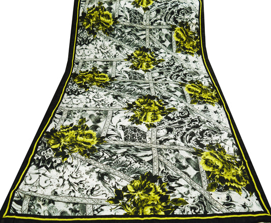 Indian Vintage Black & white Saree Pure Satin Silk Premium Digital Printed Indian Sari Fabric 5yard Sewing Abstract Soft Craft