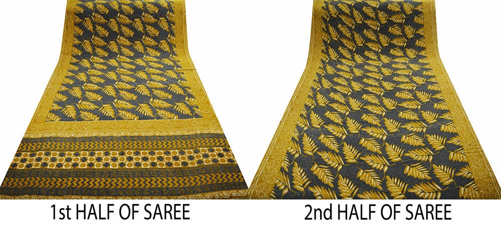 Indian Vintage Sari Mustard & Gray Pure Crepe Silk Printed Saree 5yard Sewing Floral Soft Craft Fabric Wrap