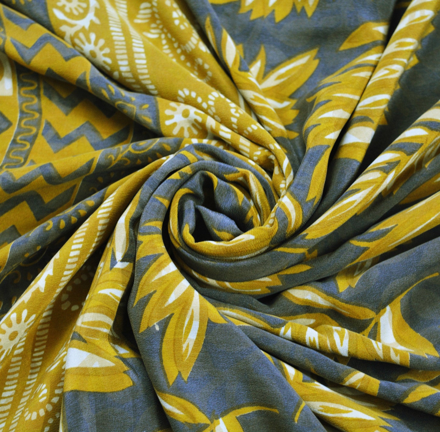 Indian Vintage Sari Mustard & Gray Pure Crepe Silk Printed Saree 5yard Sewing Floral Soft Craft Fabric Wrap