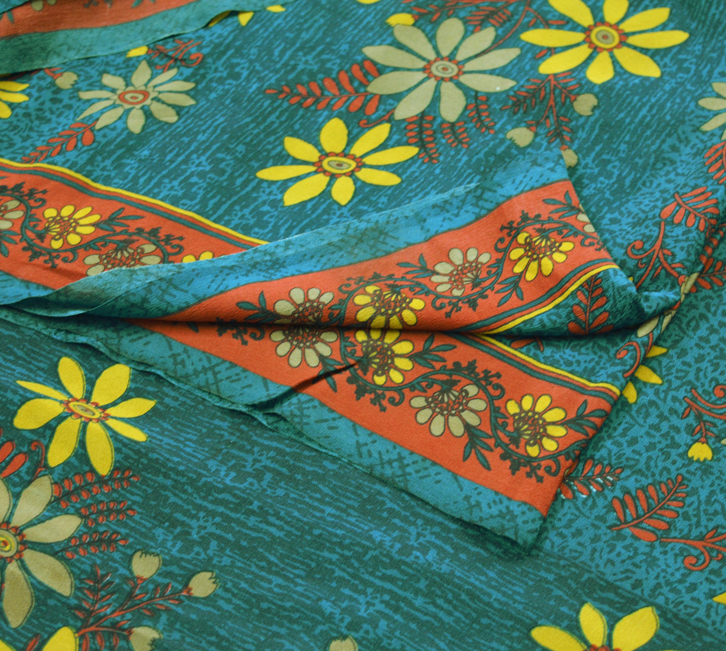 Indian Vintage Sari Green & Blue Pure Crepe Silk Printed Saree 5yard Sewing Floral Soft Craft Fabric Wrap