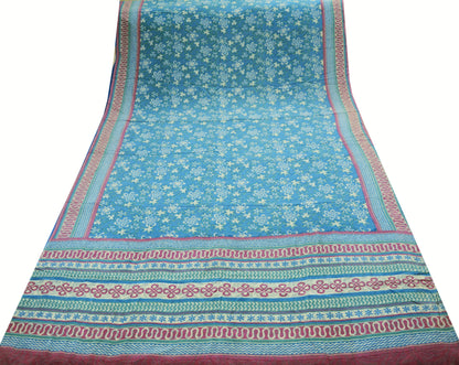 Indian Vintage Sari Blue Pure Crepe Silk Printed Saree 5yard Sewing Floral Soft Craft Fabric Wrap