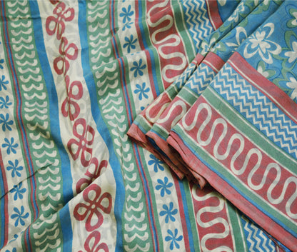 Indian Vintage Sari Blue Pure Crepe Silk Printed Saree 5yard Sewing Floral Soft Craft Fabric Wrap