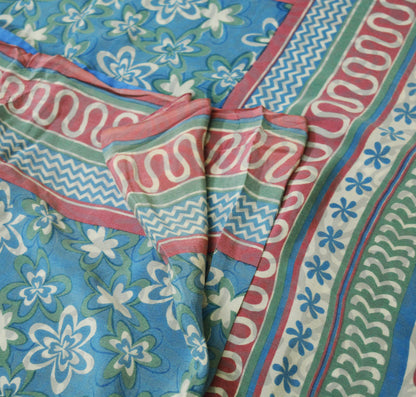 Indian Vintage Sari Blue Pure Crepe Silk Printed Saree 5yard Sewing Floral Soft Craft Fabric Wrap